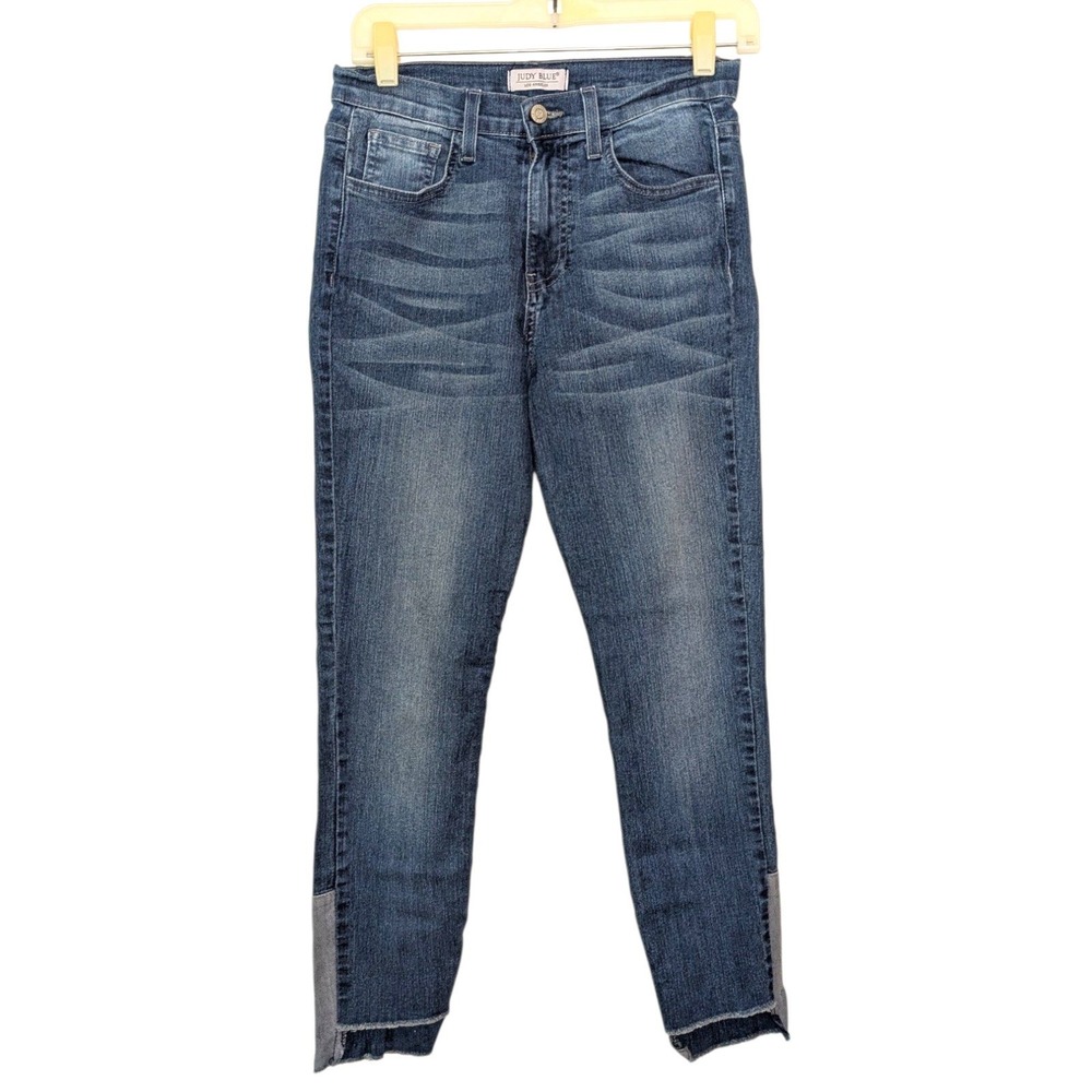 Judy Blue High Rise Skinny Jeans Medium Wash Raw Hem Size 5/27 8389 Two Toned